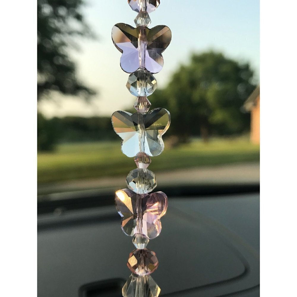Beaded Suncatcher Car Charm Rearview Mirror Ornament Butterfly PinkCrystal Prism - Picture 5 of 10